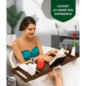 Wood Bathtub Caddy Tray with Free Soap Dish, Wooden Bamboo Bath Tray with Extending Sides, Bathroom Accessories