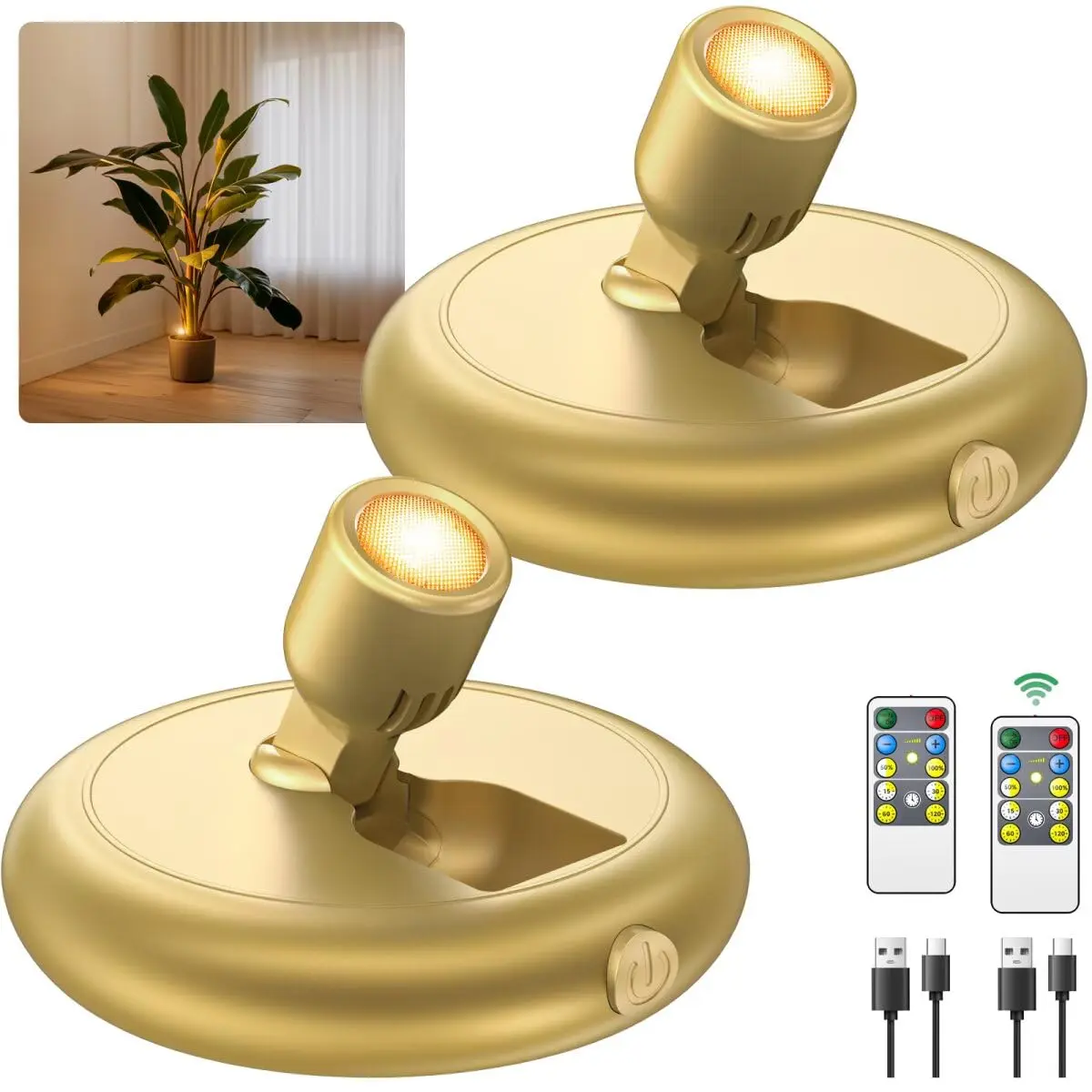 ISUNMEA 2-Pieces 5000mAh Rechargeable Battery LED Spotlight, Wireless Mini Dimmable Uplight with Timer Remote, Indoor Art Accent Lights for Plants, Paintings, Closet (Gold)