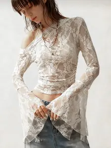 Women's Asymmetrical Shoulder Contrast Lace Top Blouse, Long Sleeve Slim Fit Fashion Tee, Summer Street Style Casual Wear, Womenswear, Lady