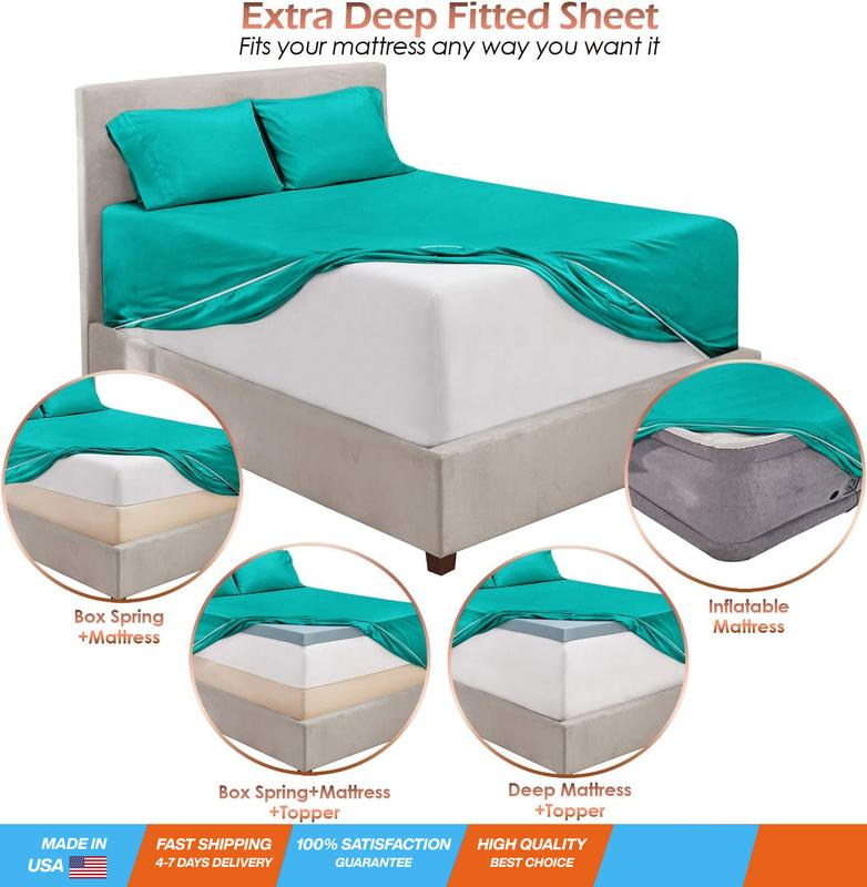 Hearth & Harbor Extra Deep Pocket Queen Sheets Sets - Fits Mattress 18-24 Inches Deep - Extra Deep Pocket Sheets - 6 Piece Queen Size Sheets - Queen Sheets Deep Pocket - Teal Sheets