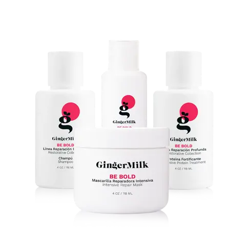 Travel Size Repair Kit, Be Bold | Shampoo 4 oz + Mask 4 oz + Protein Gel 4 oz + Leave-In 2 oz | Strengthening & Repairing Care for Dry, Damaged & Over-Processed Hair | Ginger Milk