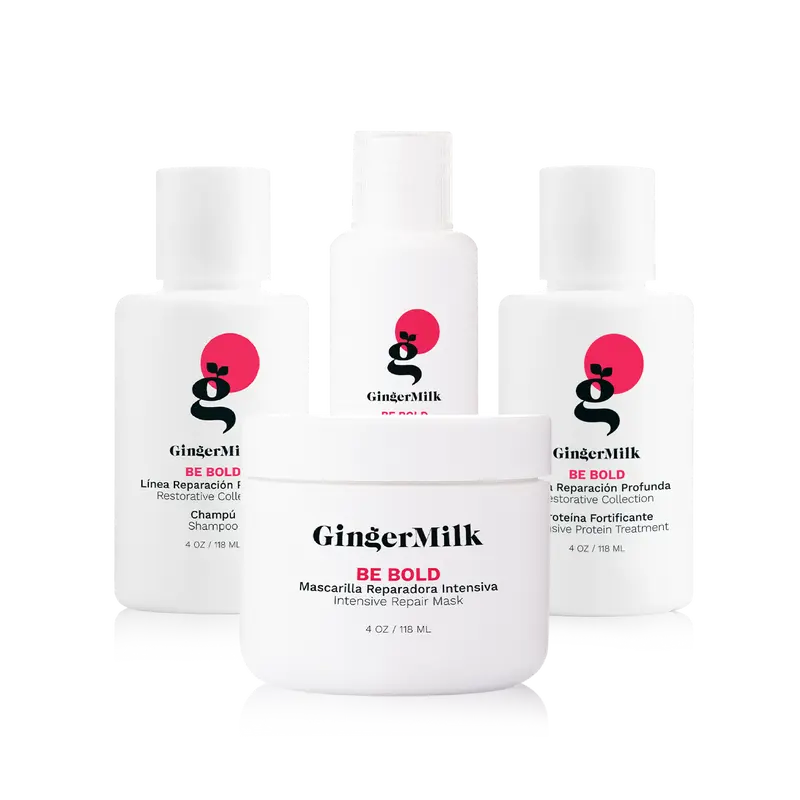 Travel Size Repair Kit, Be Bold | Shampoo 4 oz + Mask 4 oz + Protein Gel 4 oz + Leave-In 2 oz | Strengthening & Repairing Care for Dry, Damaged & Over-Processed Hair | Ginger Milk