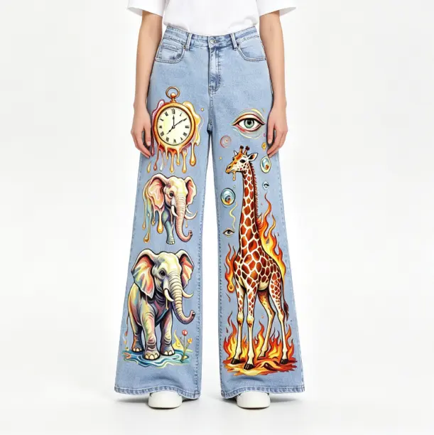 Women's Light Wash High Waist Wide Leg Loose Fit Denim Jeans - Elephants, Giraffes, Fire, Drippy Pocket Watch, Eye Graphic Print, Pocket Detail - Psychedelic Indie All Seasons Denim Fabric Bottoms (Art Print Only), Baggy, Oversized, Trippy, Comfortable