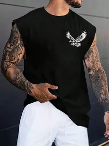 Men's Eagle Print Sleeveless T-Shirt Vest, Casual Fashion Comfy Fitted Round Neck, Comfortable Summer Outdoor Sports Wear, Versatile Style