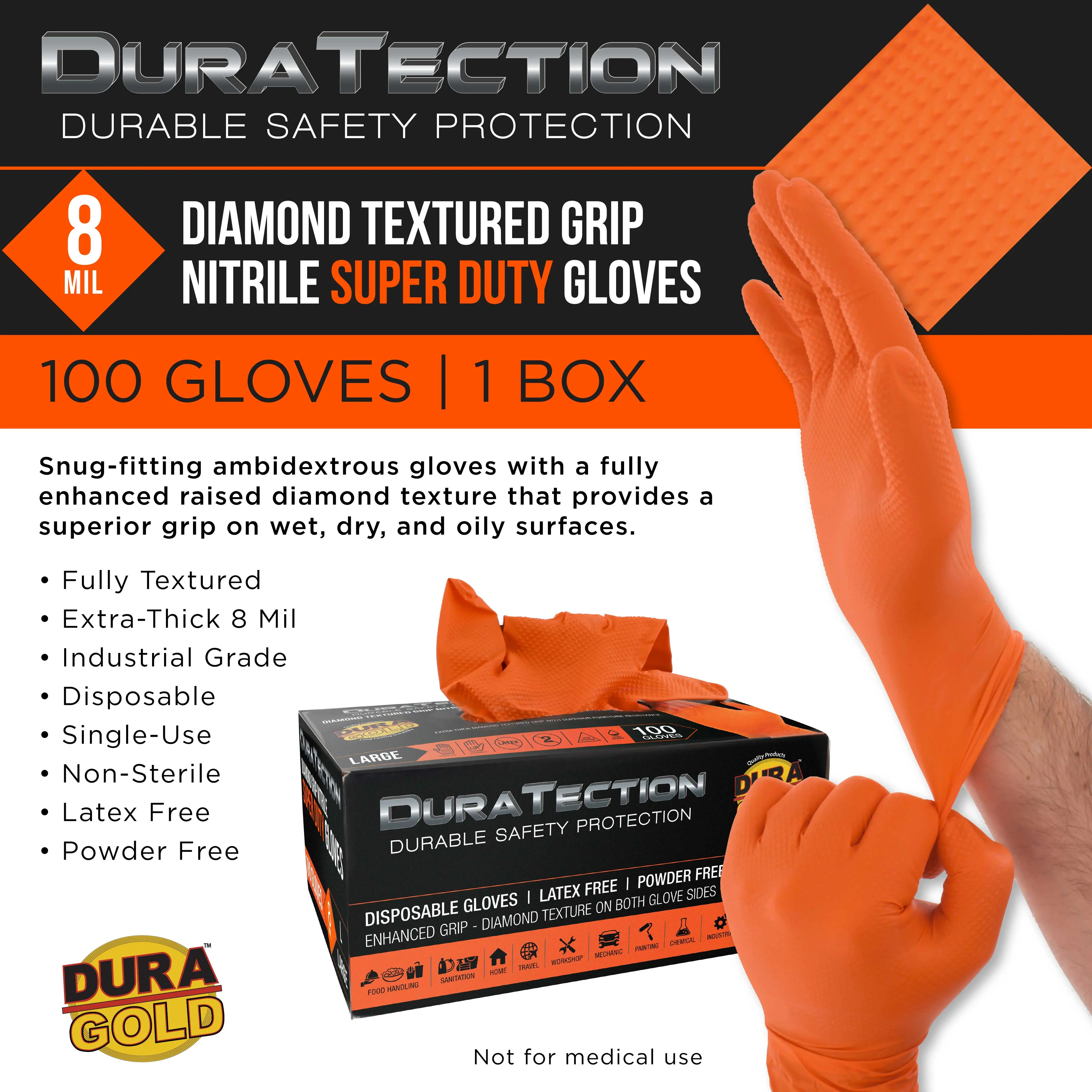 Duratection 8 Mil Orange Super Duty Diamond Textured Nitrile Disposable Gloves, Box of 100, Large - Latex Free, Powder Free, Food Safe, Safety Protection Work Gloves Cleaning