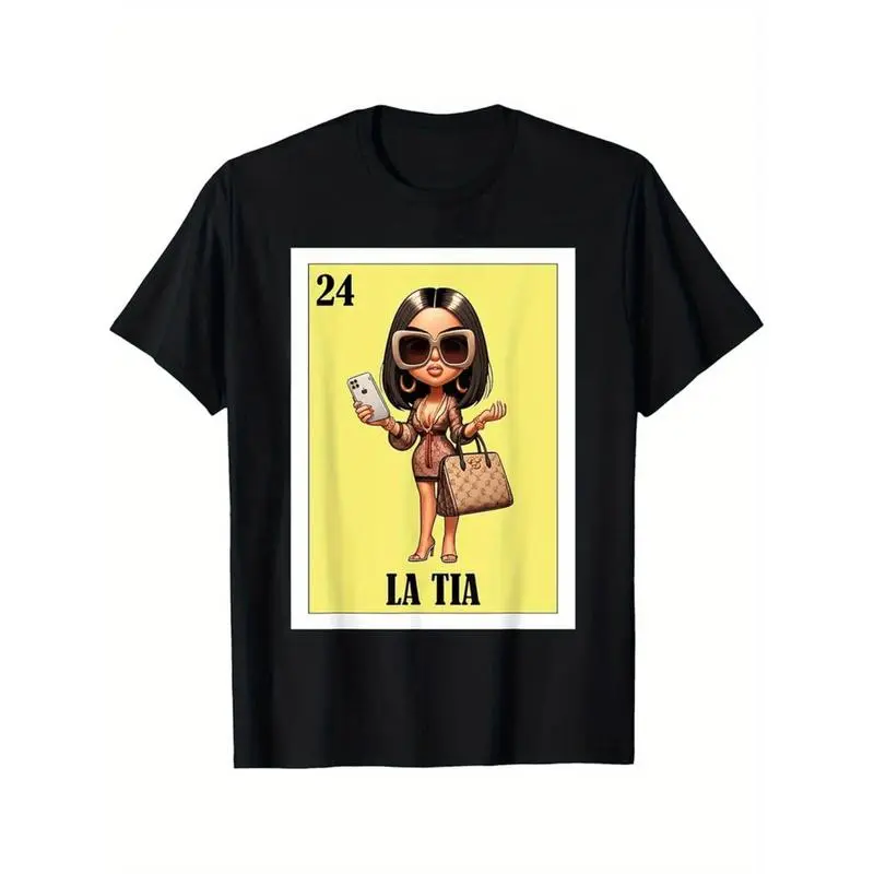 Women's Mexican Style Short-Sleeve T-Shirt - Funny La Tia Aunt Fresa Cartoon & Phone Graphic, 100% Cotton Regular Fit Mock Neck Top, Family Matching Gift for Holidays, Birthdays, Shortsleeve, Tshirt