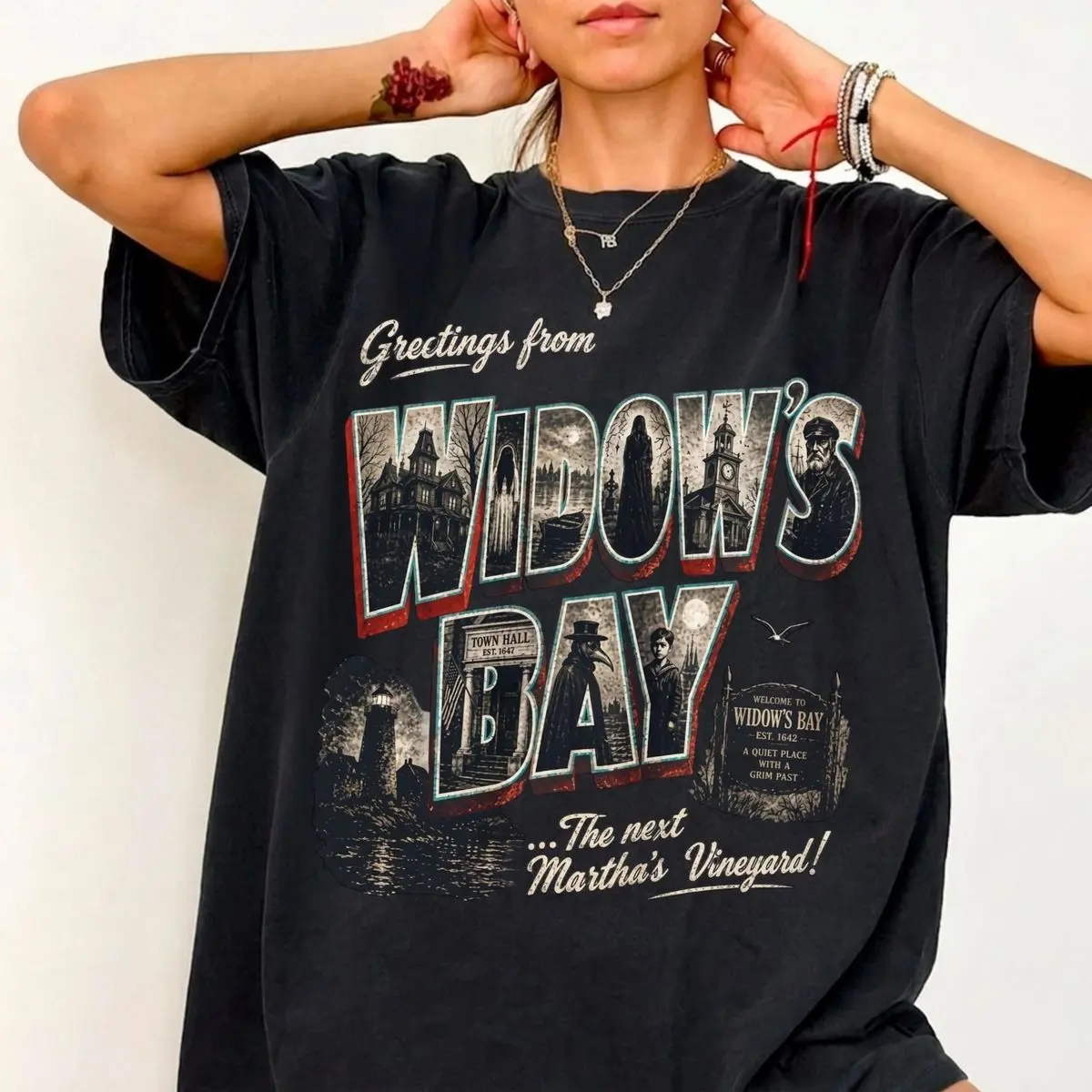 Comfort Colors Greetings From Widow’S Bay Horroor Movie Shirt, Vintage Coastal Horror Graphic Tee, Spooky Movie Fan Gift, Unisex Garment-Dyed Tee, Classic Streetwear