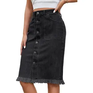 Women's Casual Mid Rise Button Down Frayed Raw Hem Denim Jean Midi SkirtGift