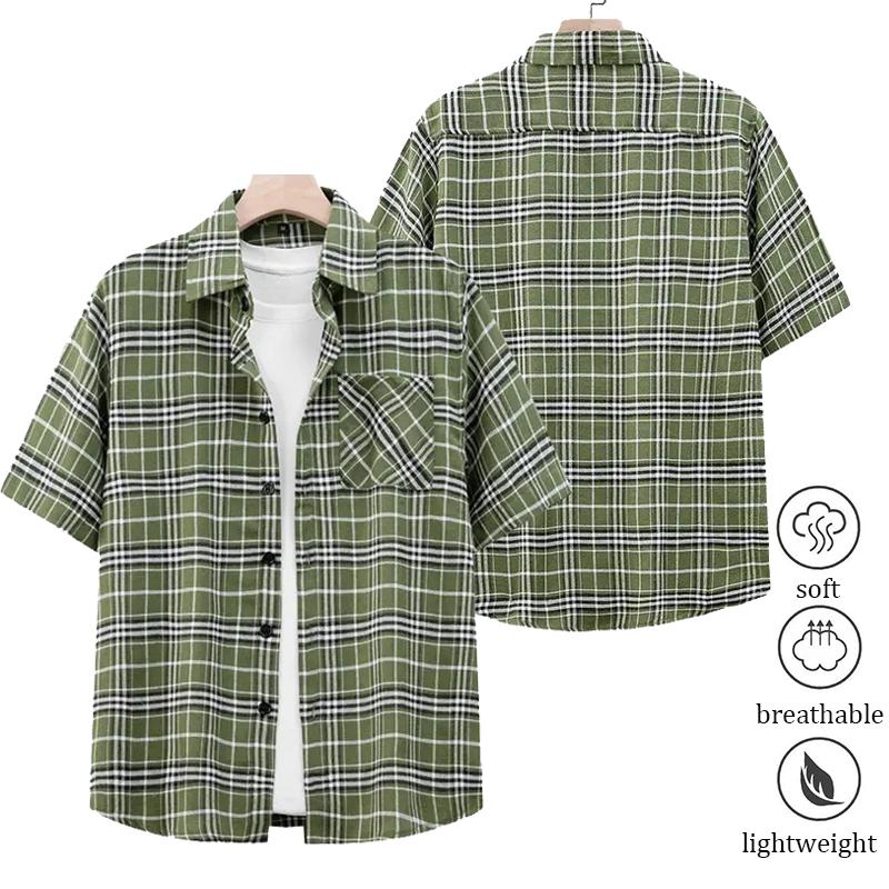 Men’s plaid button-collar long-sleeve cotton dress shirt, regular fit; plaid shirt; men’s top suitable for beach vacations, pool parties, and everyday casual wear; men’s shirt; men’s short-sleeve top Men's Striped Quick-Dry Polo Set Lightweight