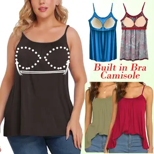 Women Casual Camisole with Built in Bra Adjustable Strap Tank Tops Sleeveless Vest, Ladies Sleeveless Flowy Camisole Solid/Printed Vest Loose Fit Summer Round Neck Backless Tank Tops Plus Size S-4XL