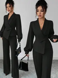 ✨ Elenzga Asymmetrical Cross Collar Blazer And A-Line Flare Pants Suit, Elegant Commute Outfit.