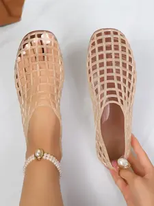 Women's Transparent Jelly Flat Sandals, Breathable Textile Upper, Casual Square Toe Hollow Out Design, Daily Commute Shoes
