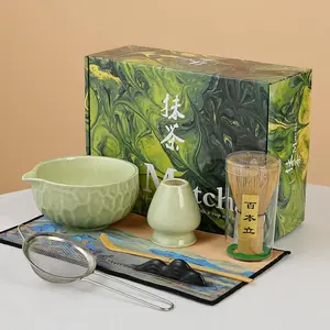 7- Matcha Whisk Set, green Ceramic Matcha Bowl with   Design,  Whisk, Scoop, Sifter &  Towel - Complete Matcha Kit for  Lovers (  Box) (green)