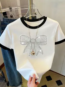 Women's Silk Touch Milk Feel Lady T-Shirt, Round Neck Short Sleeve, Fitted Soft Fabric, Butterfly Knot Print, Casual Campus Style