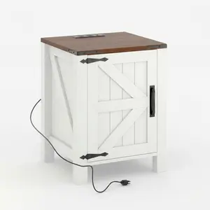 18" Farmhouse Bedside Table with USB Charging, Rustic Sliding Barn Door and Adjustable Shelf, Two-Tier Storage for Bedroom or Living Room