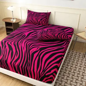 3pcs rose red Zebra Stripe Bedding fitted sheet set- (1 Fitted Sheet+2 pillowcase,No Pillow) Minimalist Life, Showcasing Individual Style This Is a Highly Individual And Unique Fitted Sheet