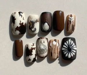 Western Cow Print Press On Nails, 3D Silver Charms, Rustic Woodgrain, Tribal Symbols & Daisy Art in Brown & Cream, Rodeo Boho Nail Set