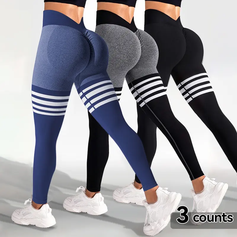 WAKYME Women's 3-Piece High-Stretch Seamless Leggings - V-Back, Side-Ribbed, Scrunch Butt, Stripe Print Skinny Bottoms with Bold Stripes, Modern Fit, Breathable Fabric for Chic Casual Sports, High-Stretch Leggings