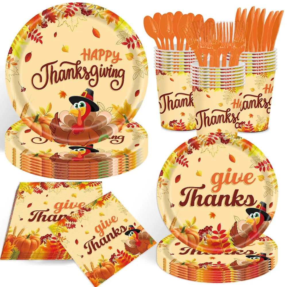 140Pcs, Thanksgiving Day Tableware Set Happy Thanksgiving Party Supplies Dinnerware Set Paper Plates, Cup, Napkins, Knife, Fork And Spoon, Turkey Maple Pumpkin Fall Party Decorations, For 20 Guests