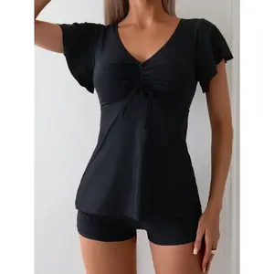 Swim Women's Color Simple Style Short Sleeve Top & Swim Shorts 2pcs/Set, Beach Outfit Tankini Set Bathing Suit Summer,Summer Beach