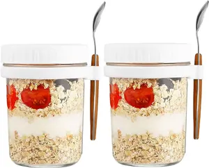 Overnight Oats Container with Lid and Spoons Set of 2,16 oz Glass Mason Overnight Oats Jars,with Measurement Marks, Large Capacity Airtight Jars for Milk, Vegetable and fruit Salad Storage Container. (two white)