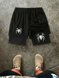 Men's Spider 2-in-1 Shorts - Sharp Spider Print Black Layered Mesh Shorts, Drawstring Waist Loose Fit, Breathable Summer Sportswear for Gym