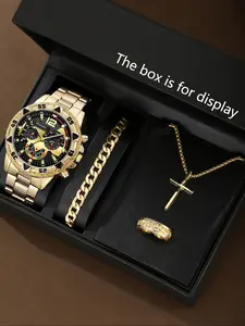 Luxury Fashion Watch Set for Men, Multifunctional Timer, Chain Bracelet, Cross Necklace, Patterned Ring, Perfect Gift for Parties