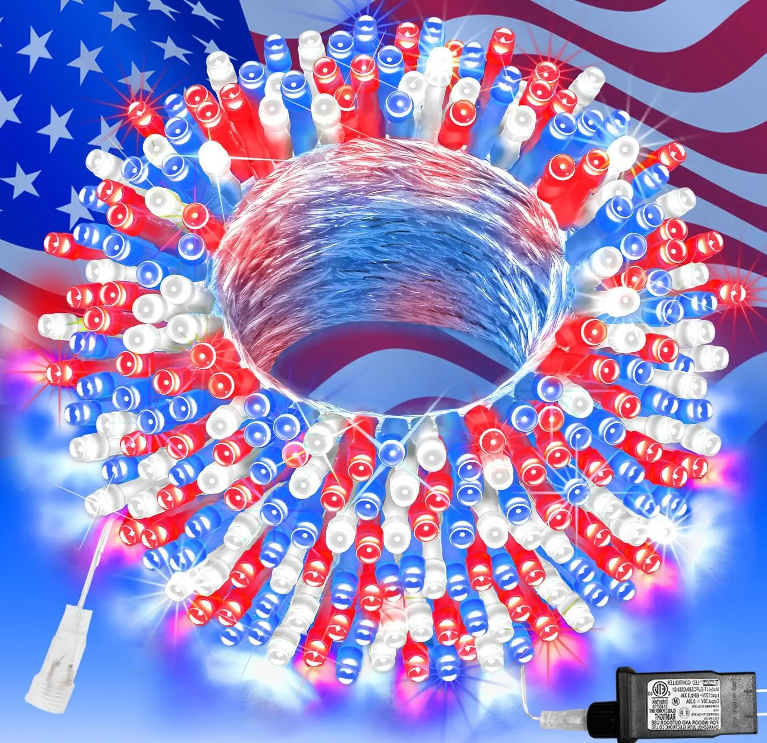 200 LED 66 FT 4th of July Decorations Lights, Red White Blue Patriotic String Lights, Outdoor Independence Day Fairy Lights 8 Modes Connectable for Home Yard Patio Party Decoration, Clear Wire