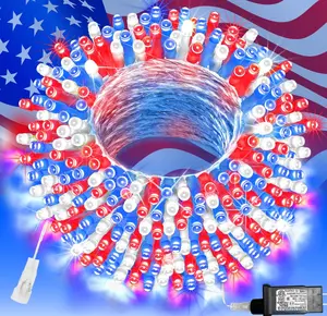 200 LED 66 FT 4th of July Decorations Lights, Red White Blue Patriotic String Lights, Outdoor Independence Day Fairy Lights 8 Modes Connectable for Home Yard Patio Party Decoration, Clear Wire