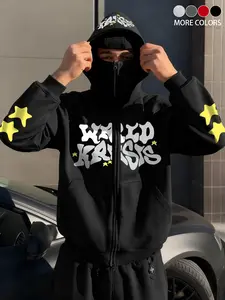 Men's Ninja Hoodie Y2K Sportswear, Letter Star Print, Streetwear Face Mask Sweatshirt, Windproof Double Layer Hooded Jacket
