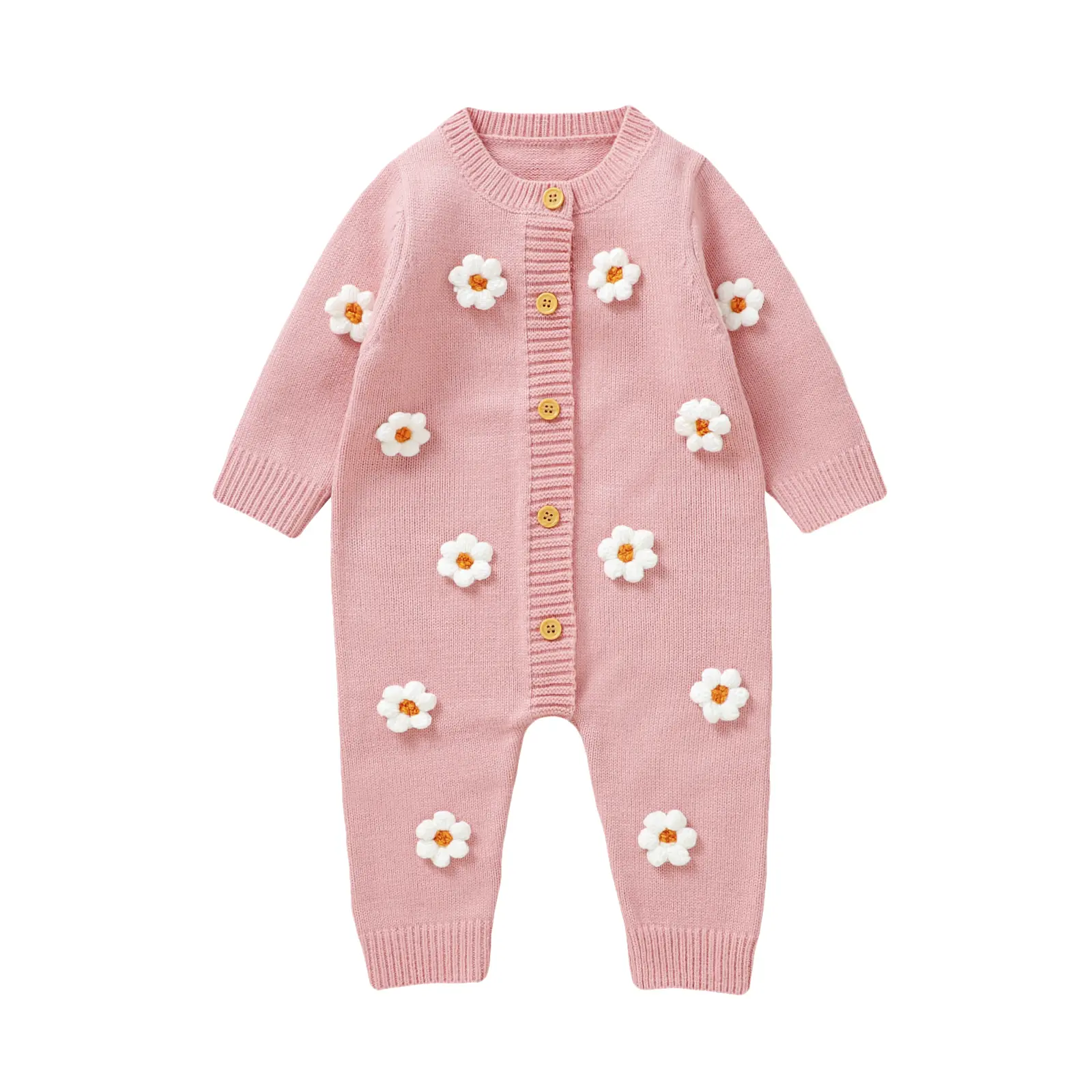 Newborn Baby Girl Knit Jumpsuit Infant Long Sleeve Sweater Romper Flower Solid  Fall Winter Warm Outfits
