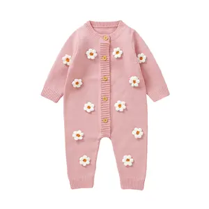 Newborn Baby Girl Knit Jumpsuit Infant Long Sleeve Sweater Romper Flower Solid  Fall Winter Warm Outfits