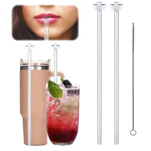 Anti-wrinkle Straws & Cleaning Brush, 2 Counts Reusable Glass Straws & 1 Count Cleaning Brush, Drinking Straws for Water, Tea, Coffee, Drinkware Accessories