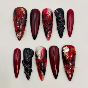 Spider Lilly Dark Red 3D Press on Nails - Handmade Flower Reusable Fake Fingernails