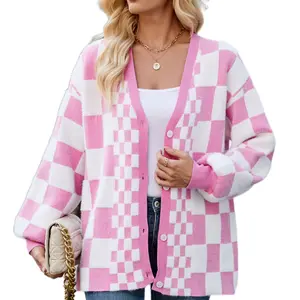 JUNBAOSS Women's Pink and White Checkered Cardigan Oversized Knit Button Down Sweater Trendy Casual Open Front for Fall Winter Long Sleeve