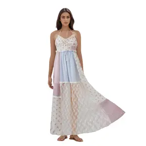Halter Long Dresses for Women Summer Fashionable Patchwork Lace Trim Tie up Sleeveless Dress