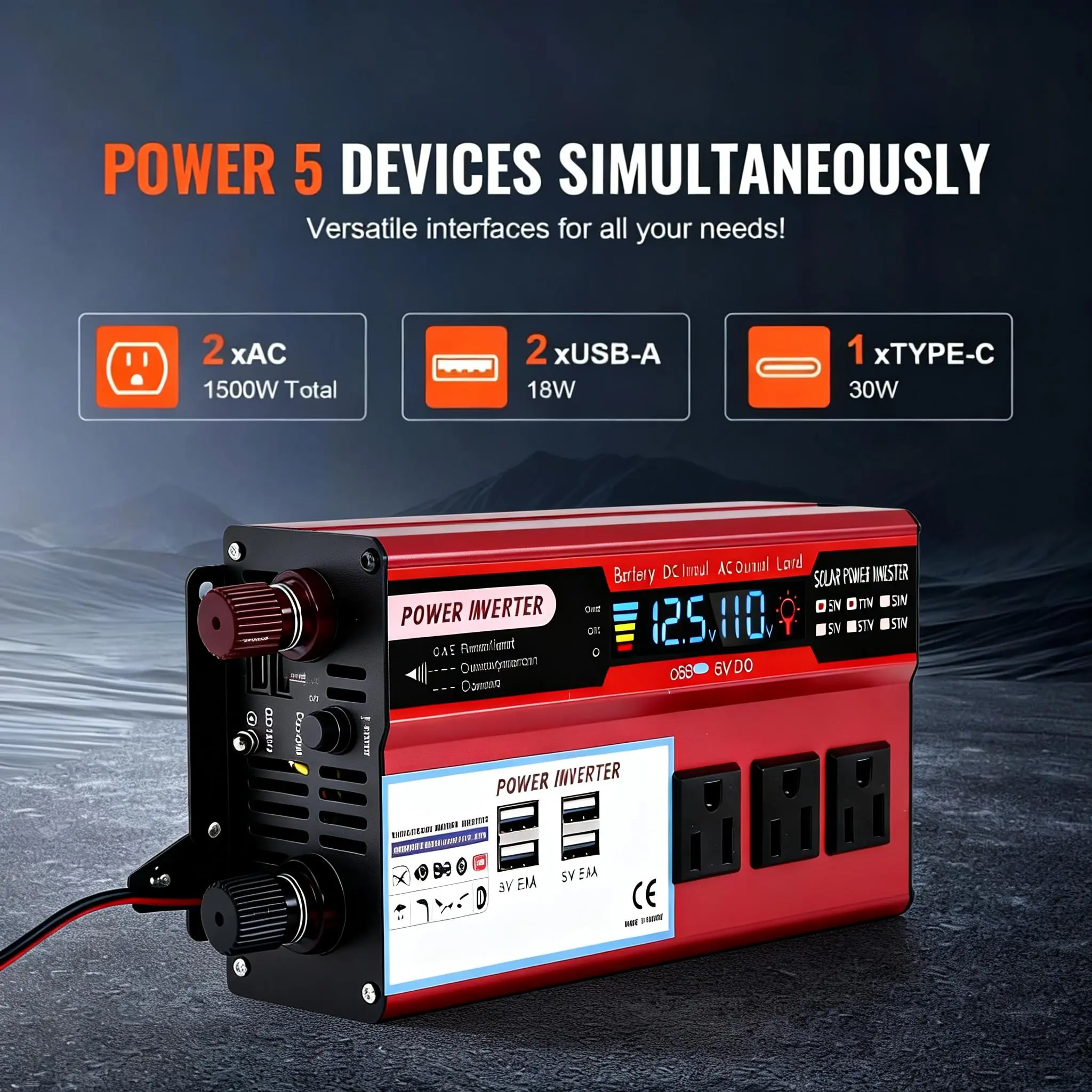 Peak 5000W Car Power Inverter DC 12V to AC 110V Vehicle Voltage Transformer, Portable Power Converter with AC Outlets & Fast Charging USB Ports for Truck RV Camping Emergency Laptop Phone Electronics