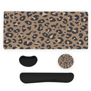 Leopard-Print Mouse Pad & Keyboard Wrist Rest & Coaster Set, Ergonomic Wrist Support, Waterproof Computer Mat Mouse Pad Suitable for Home Office Gaming