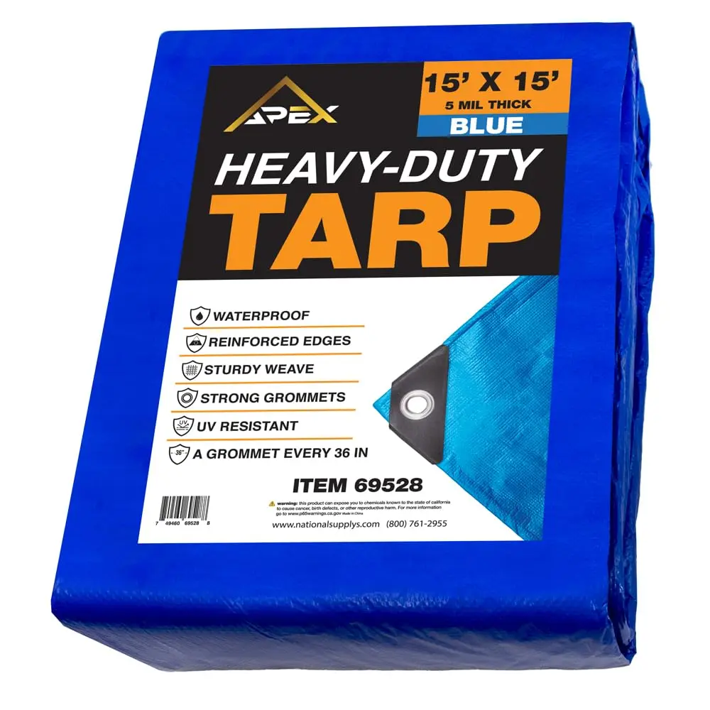 Heavy Duty Blue Tarp - 15ft x 15ft 5 MIL Multipurpose UV Resistant, Waterproof Protective Tarp Cover with Metal Grommets and Reinforced Edges - for Roof, Camping, Patio, Boat, Car 69528