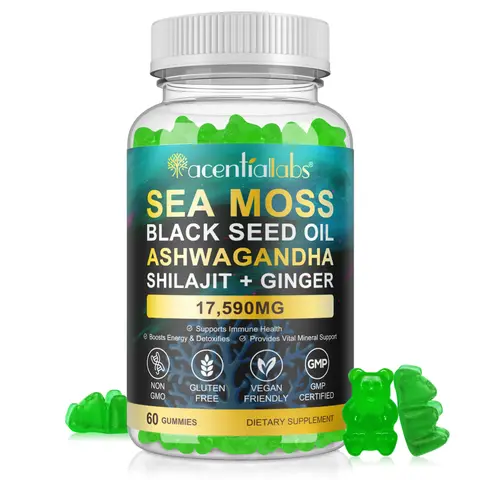 Acentiallabs Organic Vegan Sugar-Free Sea Moss Gummies - 60-Count Sweet-Sour Chewable Supplements with 17,590mg Organic Blend, Bladderwrack, Ashwagandha, Burdock Root, 36-Month Shelf Life for Energy Boost, Immune Support