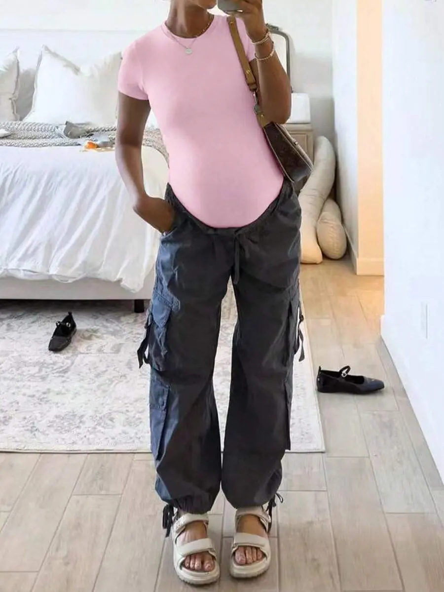 SAMT Pink Monochrome Crew Collar Childbearing Onesie Form Sculpting Warm Weather Piece Soft Feminine