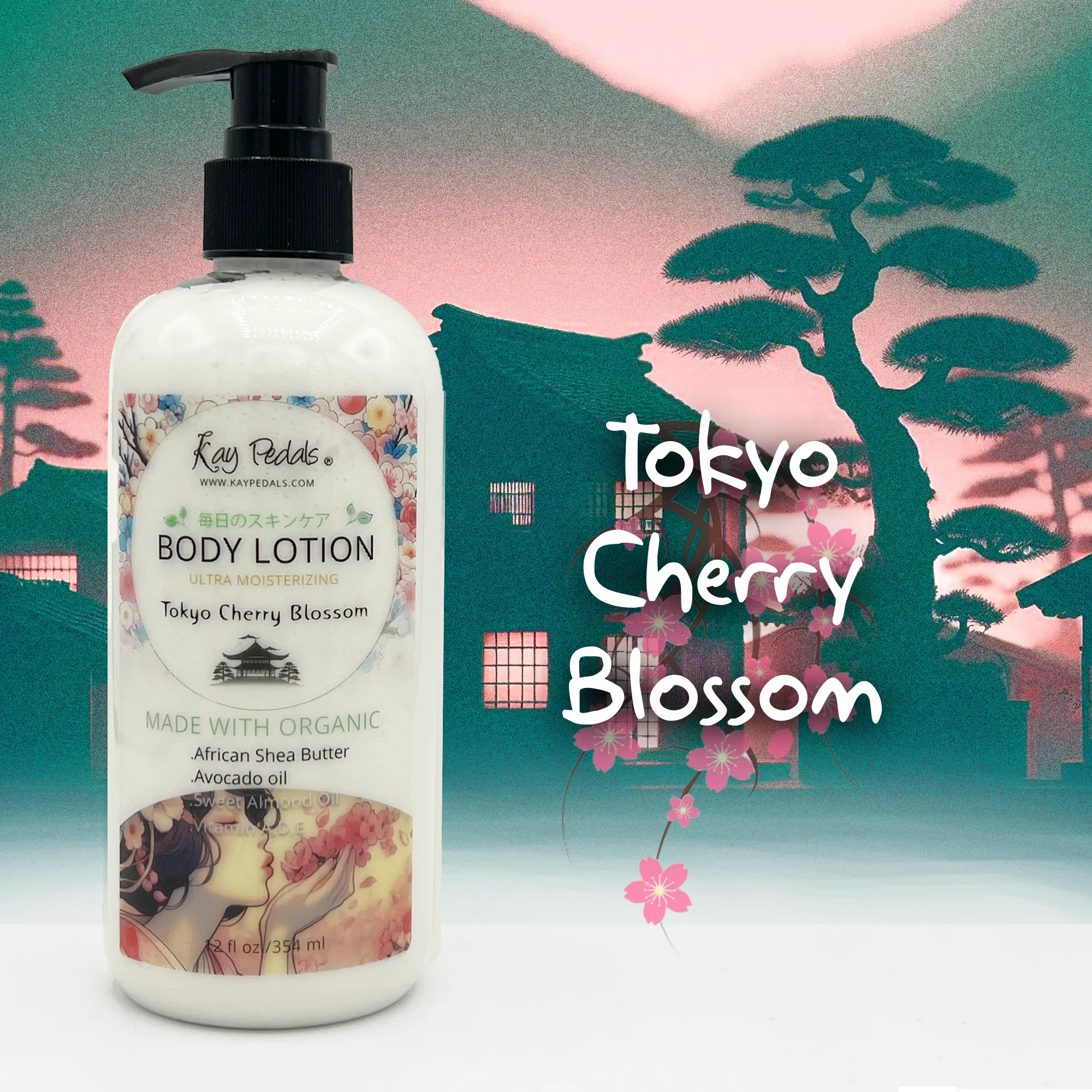 Kay Pedals Tokyo Cherry Blossom Organic Body Lotion 12 fl oz Ultra Moisturizing with African Shea Butter & Avocado Oil 350ml Scented with French Lavender Flowers