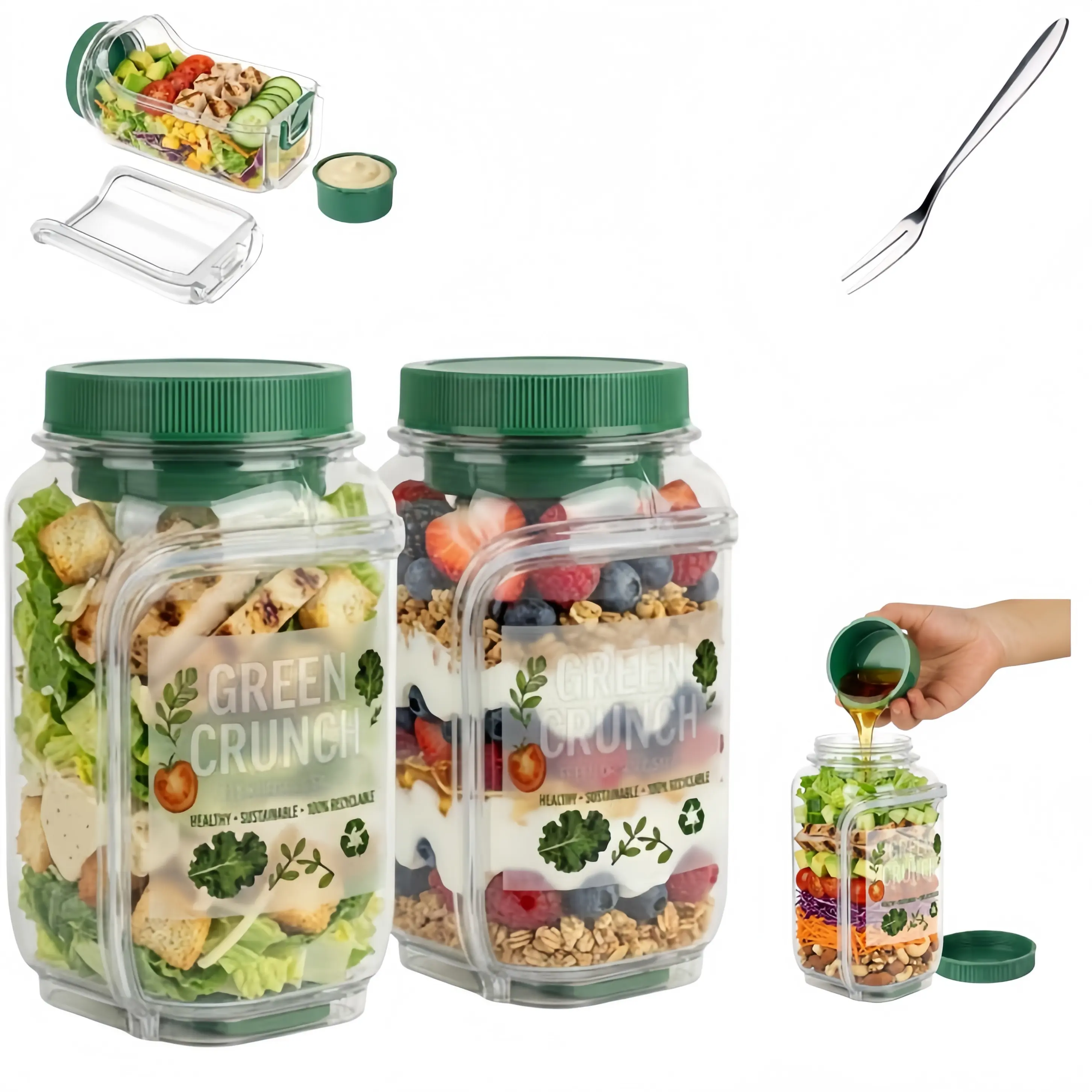 【Free Fork Set】1000ml Large Salad bottles Mason Jar Salad Bowl with Side Opening & Dressing Compartment Leak-Proof Portable Container Microwave & Dishwasher Safe for Home Office Travel bento box