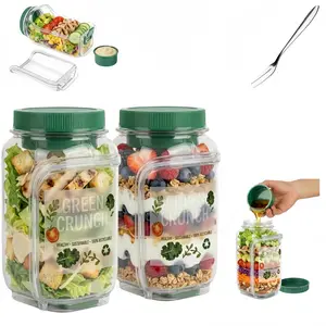 【Free Fork Set】1000ml Large Salad bottles Mason Jar Salad Bowl with Side Opening & Dressing Compartment Leak-Proof Portable Container Microwave & Dishwasher Safe for Home Office Travel bento box,Summervibes