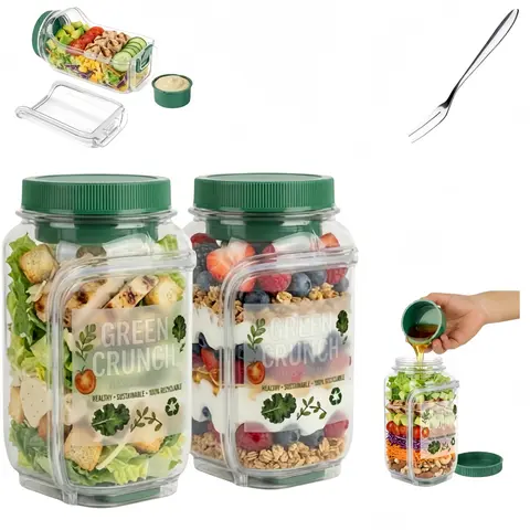 【Free Fork Set】2 pcs 1000ml Large Salad bottles Mason Jar Salad Bowl with Side Opening & Dressing Compartment Leak-Proof Portable Container Microwave & Dishwasher Safe for Home Office Travel bento box