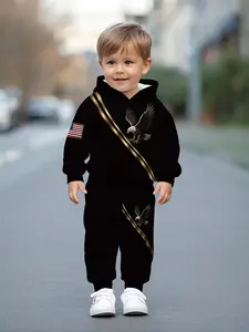 Black gold twill bald eagle digital printed casual hooded sweatshirt set for baby boys, casual and comfortable, perfect for daily outings, a trendy and versatile gift for little boys