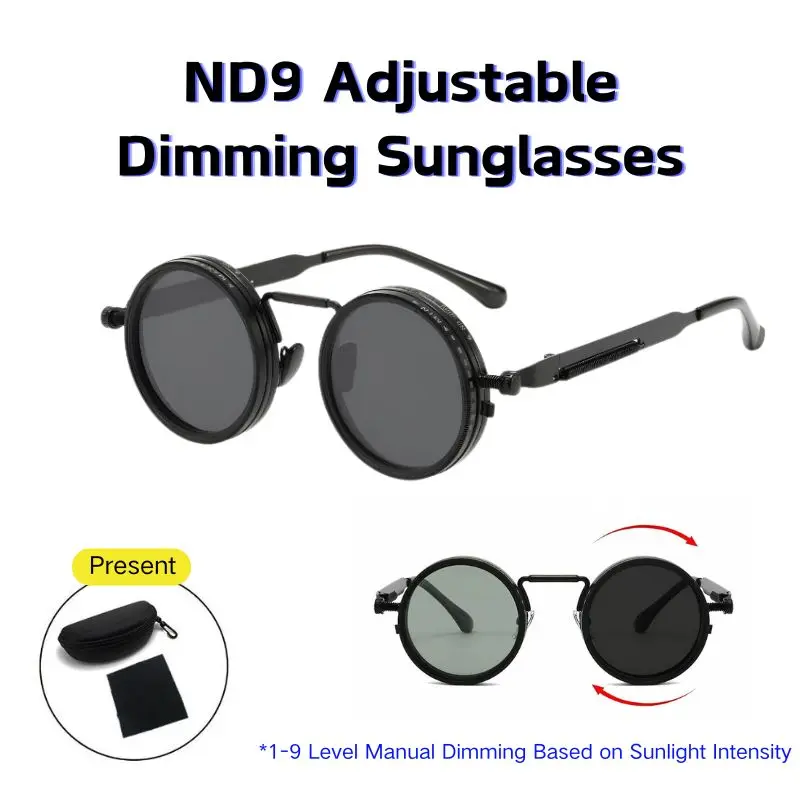 Unisex Steampunk Metal Sunglasses with Classic Round Statement Frames, 9-Level Precision Dimming & Polarized Lenses for Sun Protection
