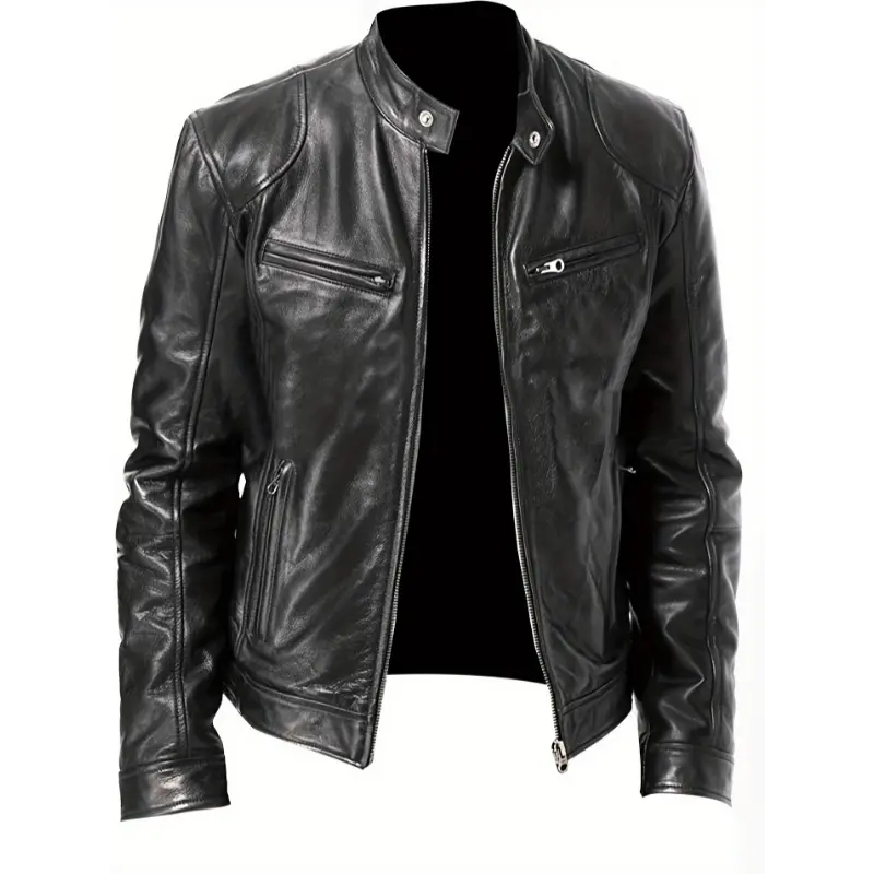 Men's Large Polyester Biker Jacket - Full-Zip Mock Neck, Casual Menswear Tops for Autumn/Winter Motorcycle, Bicycle Use