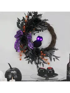 22 Inch Halloween Wreaths For Front Door, Halloween Owl Wreath With Lighted Eyes, Prelit Black Halloween Wreath With Artificial Roses Willow Leaves Ribbon For Halloween Indoor Outdoor Home Decor