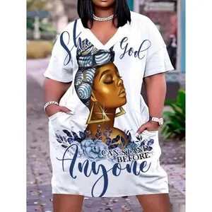 [Plus Size Graphic Dress] Plus Size Graphic & Letter Print Dress - Casual Crew Neck Short Sleeve - Women's Clothing